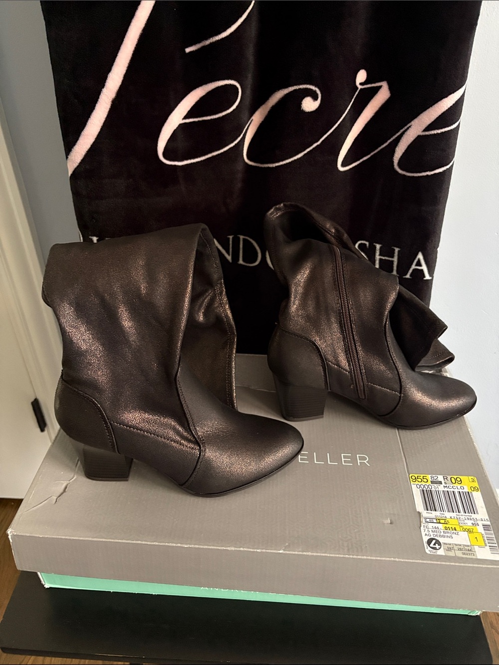 Andrew Geller Metallic Charcoal Ankle Boots with Mid Block Heel